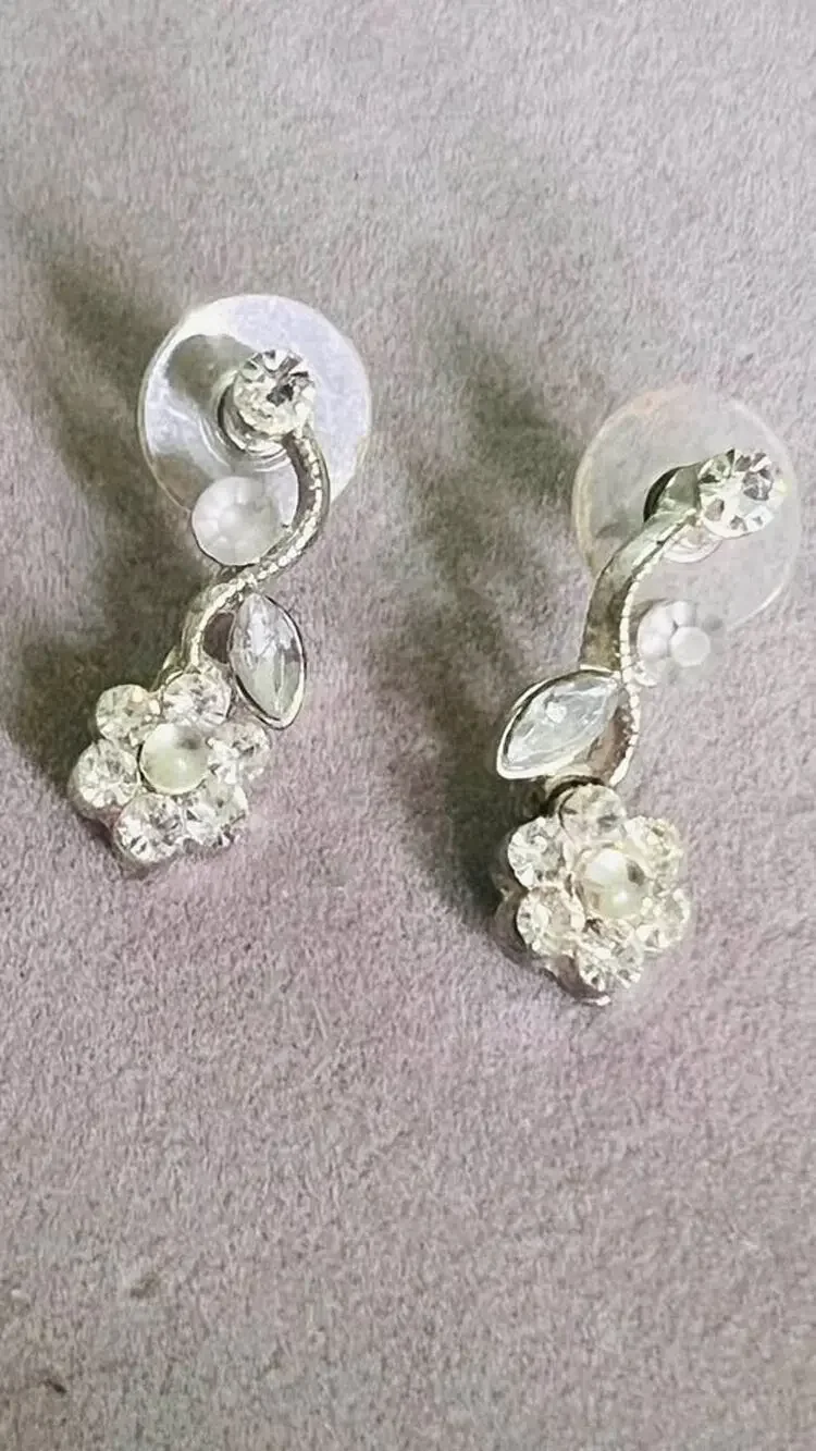 Vintage Silver-Tone Rhinestone Flower Drop Earrings